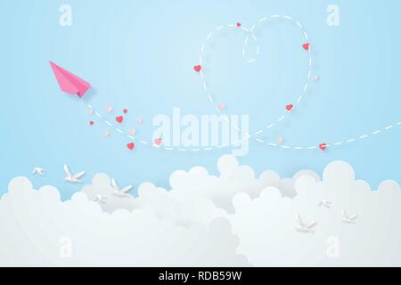 Creative il giorno di san valentino i concetti. Aeroplano di carta carta tagliata volare come una forma di cuore sullo sfondo del cielo. Carta digitale stile d'arte. Carta da parati. Invitatio Illustrazione Vettoriale