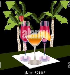 Romantico cocktail party. Tre bicchieri con bevande su un tovagliolo. Illustrazione Vettoriale con bicchieri da cocktail. Cocktail di sera su un Palm Background. Per Illustrazione Vettoriale