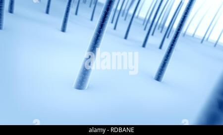 Capelli sotto il microscopio. 3d'illustrazione. Il colore blu. Foto Stock