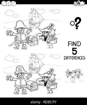 Bianco e Nero Cartoon illustrazione della ricerca di cinque differenze tra le foto del gioco educativo per bambini con caratteri pirata libro da colorare Illustrazione Vettoriale