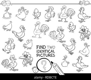 Bianco e Nero Cartoon illustrazione di trovare due immagini identiche gioco educativo per bambini con le galline e i Galli fattoria di pollo le caratte animale Illustrazione Vettoriale