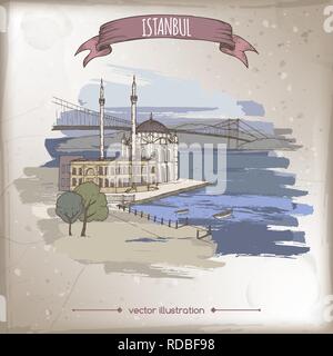 Colore Vintage illustrazione di viaggio con la Moschea Ortakoy e Ponte sul Bosforo a Istanbul, Turchia. Mano bozzetto. Illustrazione Vettoriale