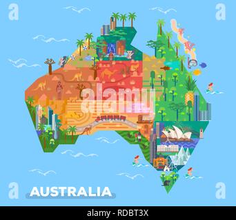 Mappa di Australia con i punti di riferimento di architettura Illustrazione Vettoriale