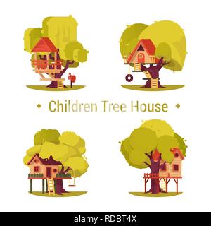 Insieme di case isolate per bambini su alberi. Illustrazione Vettoriale