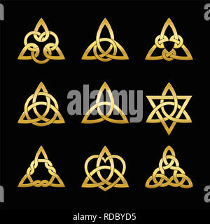 Triangolo celtico nodi. Nove golden simboli utilizzati per la decorazione o golden pendenti. Varietà infinita di basket weave nodi. Foto Stock
