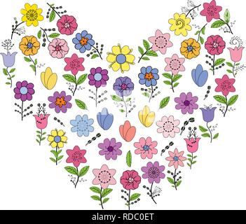 Cuore astratti realizzati con diversi fiori di primavera. I singoli elementi isolati su uno sfondo bianco. Vettore di disegno a mano illustrazione. Illustrazione Vettoriale