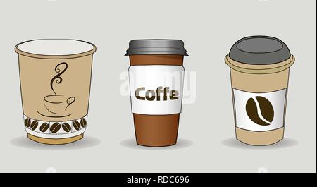 Set di illustrazione vettoriale di tazze da caffè con manicotto in cartone. Tazza piena di caffè, latte, caffè espresso o cappuccino con schiuma sulla parte superiore. Illustr bevande Illustrazione Vettoriale