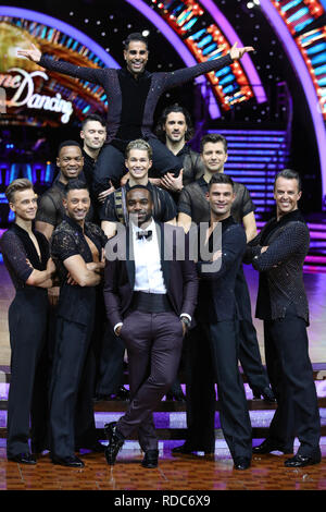 Il minerale di presentatore Oduba (FRONT CENTER) pone con AJ Pritchard, Joe Suggerimenti, Johannes Radebe, Graziano di prima, Skorjanec Aljaz, Giovanni Pernice Ranj Dr Singh, Kovalev Pasha e Graeme Swann durante un photocall prima della serata di apertura del Strictly Come Dancing Tour 2019 all'Arena di Birmingham. Foto Stock