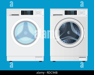 Rondella di moderno, isolato su sfondo blu, vista frontale. Illustrazione Vettoriale nello stile di piatto e con luce e ombra. Elettrodomestici per il lavaggio Illustrazione Vettoriale