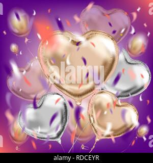 Immagine divertente con una lamina metallica forma di cuore palloncini colorati e coriandoli in aria. Template vettoriale per il giorno di San Valentino, compleanno, festa notturna e qualsiasi hol Illustrazione Vettoriale
