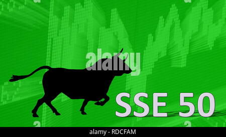 La Cina indice del mercato azionario SSE 50 di Shanghai Stock Exchange sta andando verso l'alto. Dietro la parola SSE 50 è un toro nero silhouette con le corna che puntano a... Foto Stock