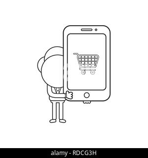 Illustrazione Vettoriale imprenditore azienda carattere smartphone con icona del carrello. Contorno nero. Illustrazione Vettoriale