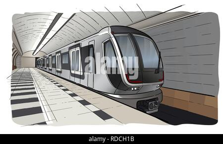 Mano bozzetto stazione della metropolitana con il treno Illustrazione Vettoriale