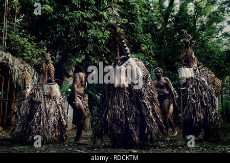 Olal, Ambrym Island / Vanuatu - Lug 10 2016 : rom ballerini e un capo villaggio sta eseguendo una magica danza al bordo della foresta pluviale Foto Stock