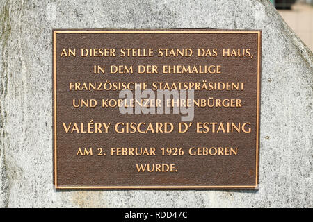 Geburtshaus Gedenkstein Valéry Giscard d'Estaing , Koblenz, Renania-Palatinato, Deutschland, Europa Foto Stock