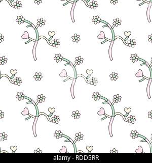 Abstract rami con cuori e fiori disegnati a mano vector seamless pattern. Molla di sfondo di disegno. Amore texture di superficie per la progettazione, tessile, wra Illustrazione Vettoriale