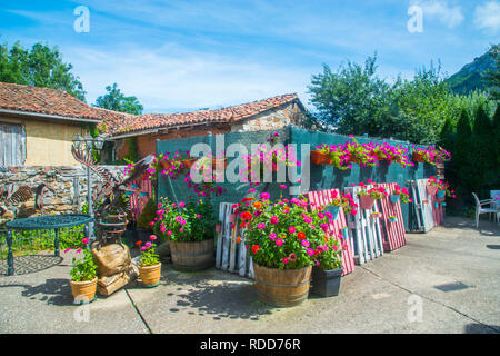 Giardino rustico in casa rurale. Ruesga, provincia di Palencia, Castilla Leon, Spagna. Foto Stock