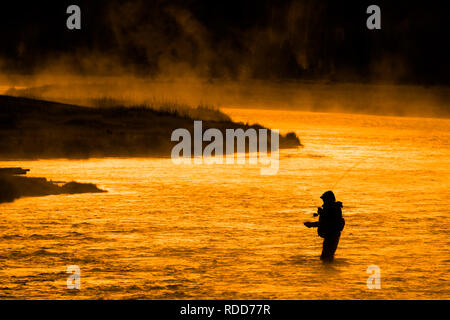 Silhouette della pesca a mosca rod reel in fiume con la luce del sole dorato Foto Stock