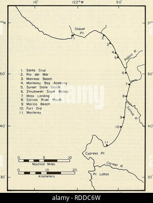 . Effetti delle attività di ingegneria sull'ecologia del Pismo vongole. Vongole; ecologia marina; Clam pesca. 37°N - - 37°N. 10' I22°W 50 nella figura 1. Mappa di Monterey Bay e siti di campionamento. Si prega di notare che queste immagini vengono estratte dalla pagina sottoposta a scansione di immagini che possono essere state migliorate digitalmente per la leggibilità - Colorazione e aspetto di queste illustrazioni potrebbero non perfettamente assomigliano al lavoro originale. Nybakken, James Willard; Stephenson, Mark, coautore. Fort Belvoir, Va. : U. S. Ingegneria costiera del centro di ricerca Foto Stock