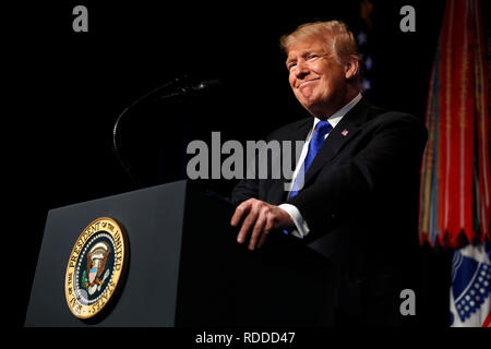 Arlington, Stati Uniti d'America. Xvii gen, 2019. Il Presidente degli Stati Uniti, Trump rende commento come egli partecipa a un missile Defense Review annuncio al Pentagono, in Arlington, Virginia, 17 gennaio 2019. Credito: Martin H. Simon/Piscina via CNP | Utilizzo di credito in tutto il mondo: dpa/Alamy Live News Foto Stock