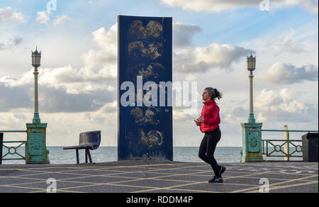 Brighton, Regno Unito. 18 gennaio, 2019. Un runner passa per il bacio statua su un soleggiato ma freddo inverno mattina sul lungomare di Brighton come il freddo è previsto di continuare a tutta la Gran Bretagna nei prossimi giorni di credito: Simon Dack/Alamy Live News Foto Stock