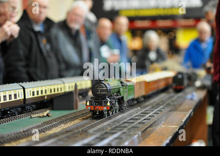 Londra, Regno Unito. 18 gennaio 2019. I visitatori a guardare il manometro uno Display ferroviarie al modello di Londra Engineering mostra che si è aperto oggi a Alexandra Palace di Londra. Il modello di Londra Engineering mostra è ora nel suo ventitreesimo anno e attira circa 14.000 visitatori. La mostra offre una vetrina per lo spettro completo di modellazione dal modello tradizionale di ingegneria, locomotive a vapore e i motori di trazione attraverso il più gadget moderno e ragazzi giocattoli compresi camion, navi, aerei ed elicotteri. Credito: Michael Preston/Alamy Live News Foto Stock