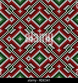 Diagonale a maglia modello decorati in verde, rosso e sfumature di bianco, senza soluzione di continuità un vettore come un tessuto texture Illustrazione Vettoriale