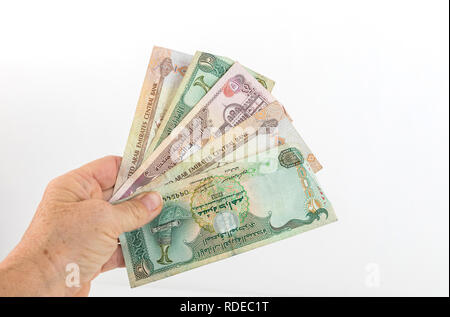 Close up differenti Dirhams nota di valuta e di monete, Emirati arabi uniti in prossimità di diversi Dirhams nota di valuta Foto Stock