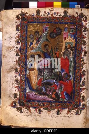 L'ingresso di Cristo in Gerusalemme (manoscritto dal Vangelo Matenadaran). Museo: Mesrop Mashtots Istituto di manoscritti antichi (Matenadaran), Yerevan. Autore: Master del Codex Matenadaran. Foto Stock