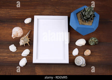 Vista superiore succulenta in pentola in cemento bianco e telaio in legno con posto per testo o ricordi estivi foto Foto Stock