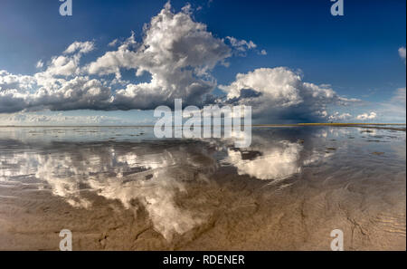 I Paesi Bassi, Rottumeroog o Rottum (isola disabitata), appartenente al mare di Wadden Islands. Unesco - Sito Patrimonio dell'umanità. Nuvole riflettono in acqua di Foto Stock