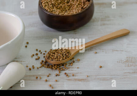 Mucchio di semi di coriandolo in cucchiaio di legno su sfondo bianco Foto Stock