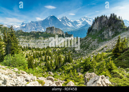 Panorama-Aussicht auf dem Weg zur Schynige Platte mit Eiger, Mönch und Jungfrau Foto Stock