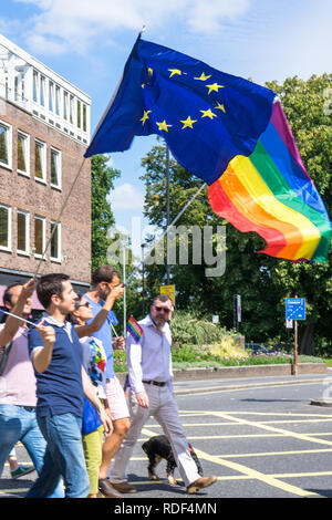 L'uomo sventolando la UE e bandiera arcobaleno durante un evento di Southampton, England, Regno Unito Foto Stock