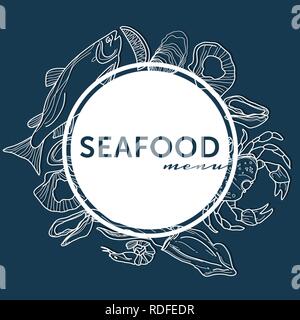 Il ristorante di pesce Menu sul coperchio blu. Disegnata a mano i pesci, granchi, calamari, ostriche, gamberi, cozze, salmone Illustrazione Vettoriale