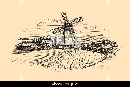 Paesaggio rurale sketch. Agriturismo, mulino a vento e il campo. Vintage illustrazione vettoriale Illustrazione Vettoriale