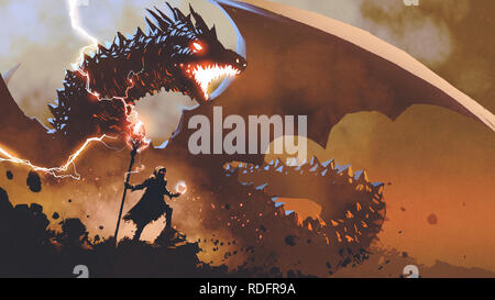 Procedura guidata di nero con una bacchetta magica per evocare il drago, arte digitale stile, illustrazione pittura Foto Stock