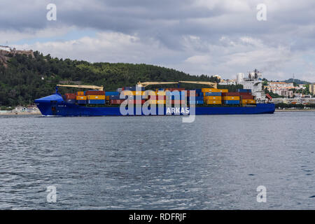 Contenitore di carico nave Arkas sull'Oceano Atlantico vicino a Setubal in Portogallo Foto Stock