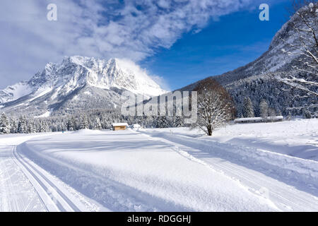 In inverno il paesaggio di montagna con curate piste di sci ed un cielo blu nella giornata di sole. Ehrwald valley, Tirol, Alpi Austria, Zugspitze massiccio in background. Foto Stock