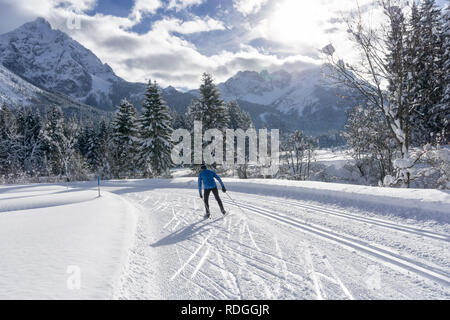 Single cross country sciatore sulle piste da sci, pista soleggiata giornata invernale con nuvole bianche sul cielo blu. In inverno il paesaggio di montagna, Ehrwald, Tirolo, Austria Foto Stock