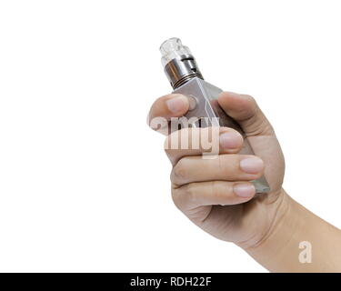 Uomo con un grande le sigarette elettroniche o vapore sigaretta isolati su sfondo bianco. Foto Stock