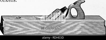 . Falegnameria elementari. Opere in legno; gli alberi. 22 ELEMENTARI DI MACCHINE PER LA LAVORAZIONE DEL LEGNO Questo strumento richiede più cura tlian gli altri, come la corsa è di solito abbastanza breve, e se il bordo di taglio è una b che ha permesso di raggiungere il più lontano angolo, ril ultimo verrà interrotta. Per evitare questo errore il piano deve essere sollevato prima della fine della corsa, come mostrato dalla Fig. 27. Metodo di utilizzo di linea tratteggiata a. Il pezzo viene quindi Blocco piano invertita e piallato come mostrato dalla freccia h. In questo modo tutta la fine viene lisciata con- out ruinina; gli angoli. Oltre a questi piani standard ci sono molti brevetti e quelli speciali Foto Stock