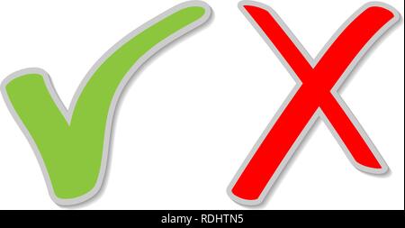 Segno di spunta adesivi, segno di spunta di colore verde e la croce rossa di segni. Pulsanti per applicare, accettare sì e uscire, rimuovere, no, delle azioni chiare. Illustrazione vettoriale EPS10. Illustrazione Vettoriale