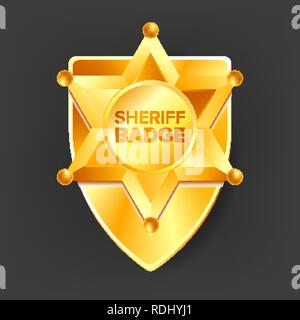 Sheriff Badge vettore. Golden Star. In stile occidentale. 3D illustrazione realistica. Illustrazione Vettoriale