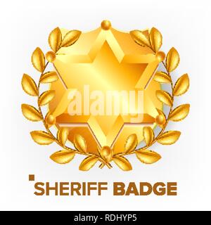 Sheriff Badge vettore. Golden Star. Sevurity emblema. Oggetto rétro. 3D illustrazione realistica Illustrazione Vettoriale