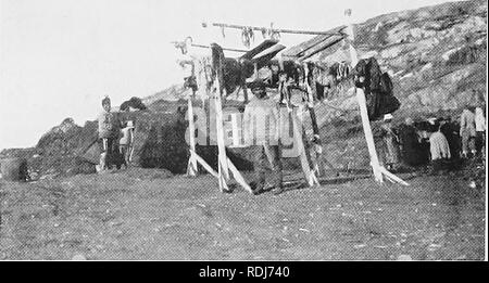 . Un'estate in Groenlandia. Storia naturale. PLATK XI. FIG. 17. Eschimese CASE SUL MANITSOK isola la donna è in piedi" all'entrata di una casa ; al di sopra dell'uomo sono due kayak. Si prega di notare che queste immagini vengono estratte dalla pagina sottoposta a scansione di immagini che possono essere state migliorate digitalmente per la leggibilità - Colorazione e aspetto di queste illustrazioni potrebbero non perfettamente assomigliano al lavoro originale. Seward, A. C. (Albert Charles), 1863-1941. Cambridge : presso la University Press Foto Stock