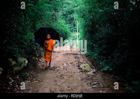 Luang Namta / Laos - Lug 06 2011: monaco buddista a casa a piedi con un ombrello Foto Stock