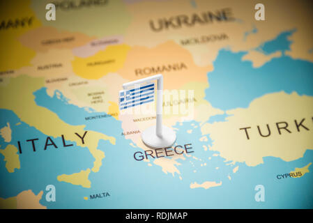 Grecia marcati con un contrassegno sulla mappa Foto Stock