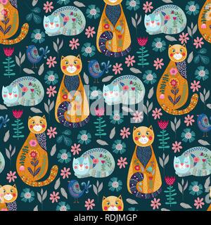 Modello senza cuciture con graziosi gatti e uccelli, fiori e foglie su sfondo scuro, illustrazione vettoriale Illustrazione Vettoriale