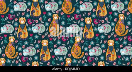 Seamless pattern rettangolare con graziosi gatti e uccelli, fiori e foglie su sfondo scuro, illustrazione vettoriale Illustrazione Vettoriale